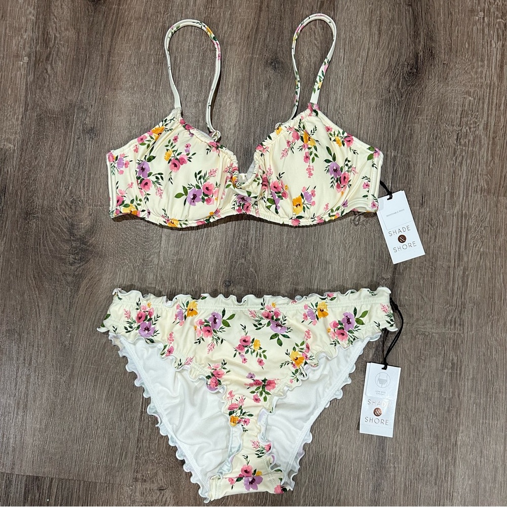 Shade And Shore Cream Pink Floral Underwire Bikini Set Ruched Size 34B Small NWT